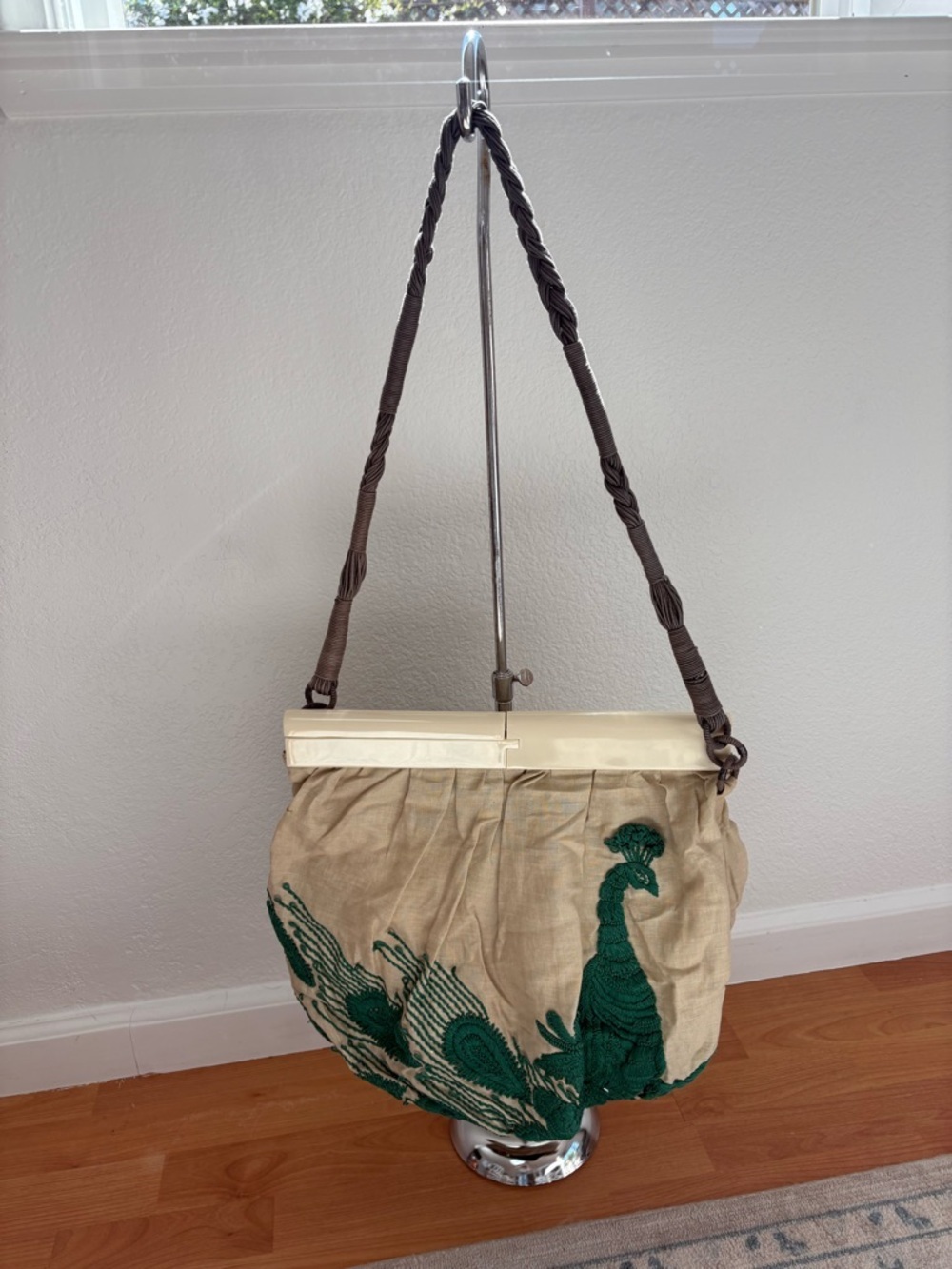 Beige Shoulder Bag with Green Peacock Embroidery